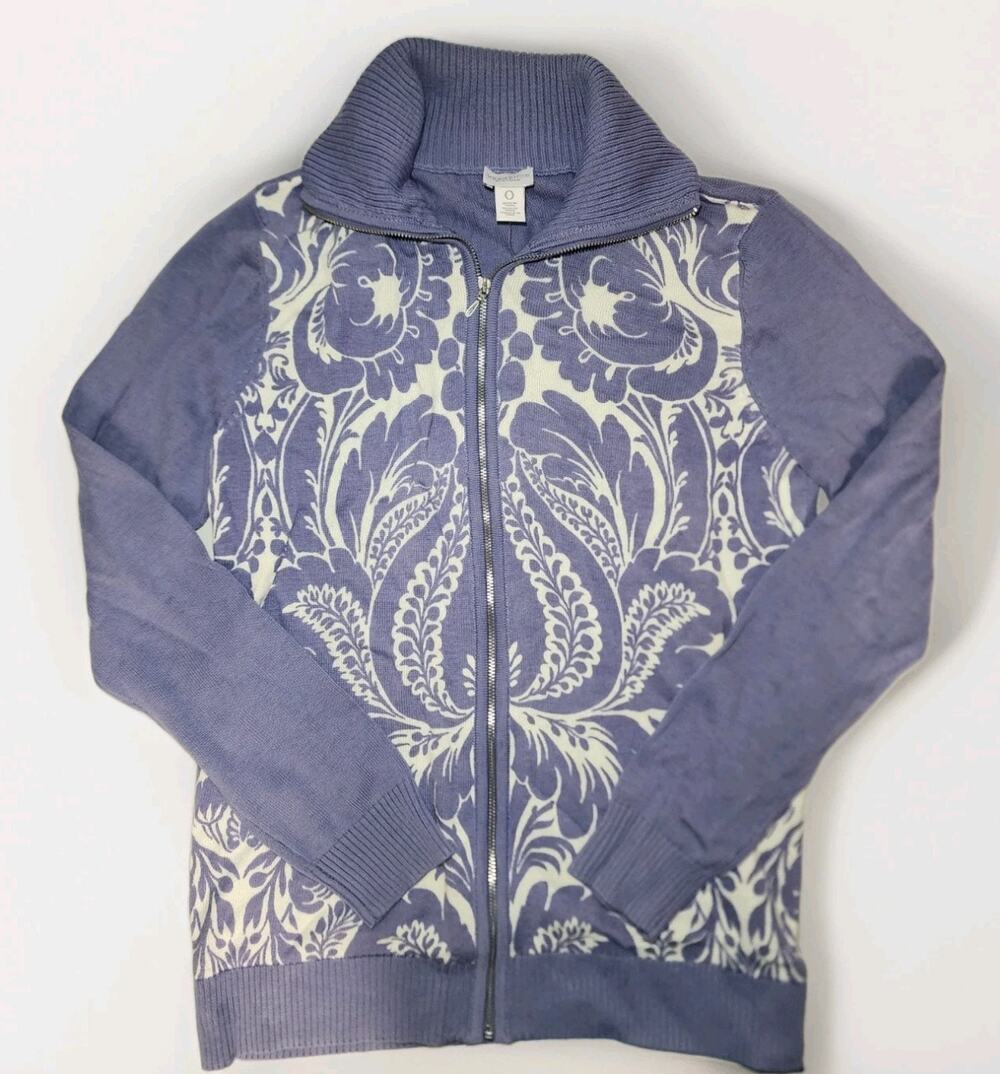 Weekends by Chico's Size 0 S Lavender Purple White Damask Floral Zip Knit...